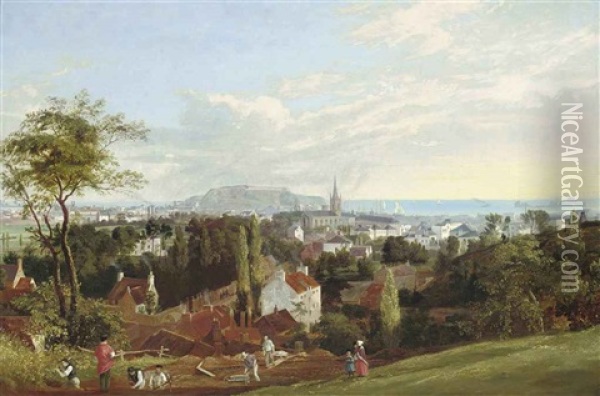 View Of St. Helier, Jersey, With Fort Regent And Elizabeth Castle In St. Aubin's Bay Beyond Oil Painting - Philip Hutchins Rogers