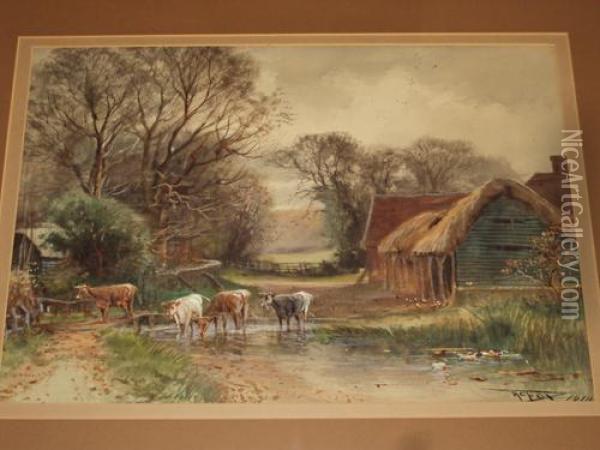 Cattle Watering At A Ford Near Farm Buildings Oil Painting - Henry Charles Fox