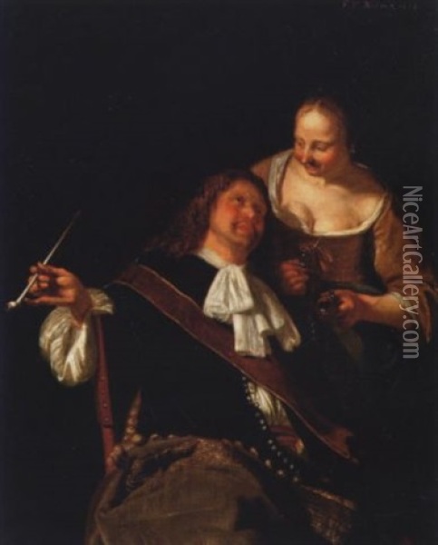 A Cavalier And A Lady In An Interior Oil Painting - Frans van Mieris the Elder