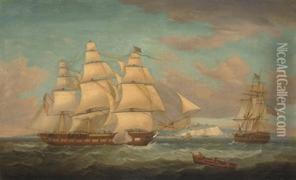An East Indiaman In Two Positions Off Dover Calling For A Pilot Oil Painting - Charles Augustus Mornewick