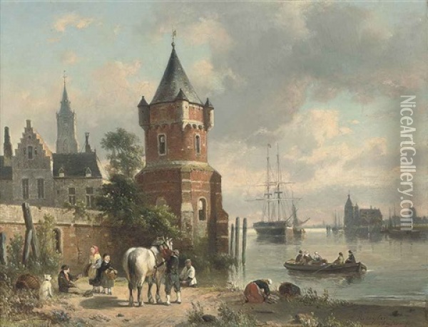 A Coastal Inlet With Figures And A Horse Before A Tower, A Ferry Beyond Oil Painting - Jean (Jan) Michael Ruyten