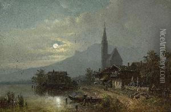 Gebirgsdorf An Einem See Bei
 Mondschein. Oil Painting - Heinrich Burkel