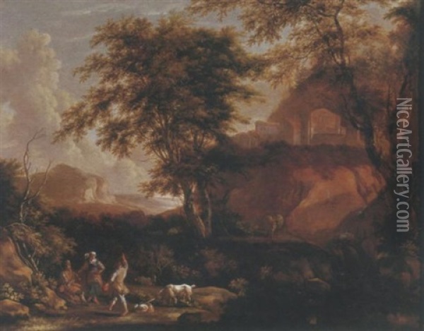 A Wooded Landscape With Shepherds, Sheep And A Goat Oil Painting - Willem Hendriksz Verboom