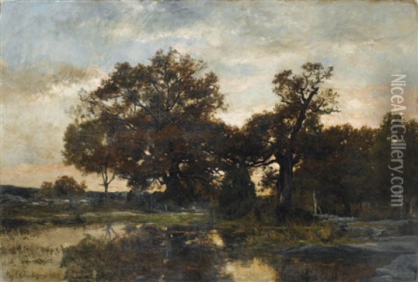 Paysage A La Riviere, Soleil Couchant Oil Painting - Karl Pierre Daubigny