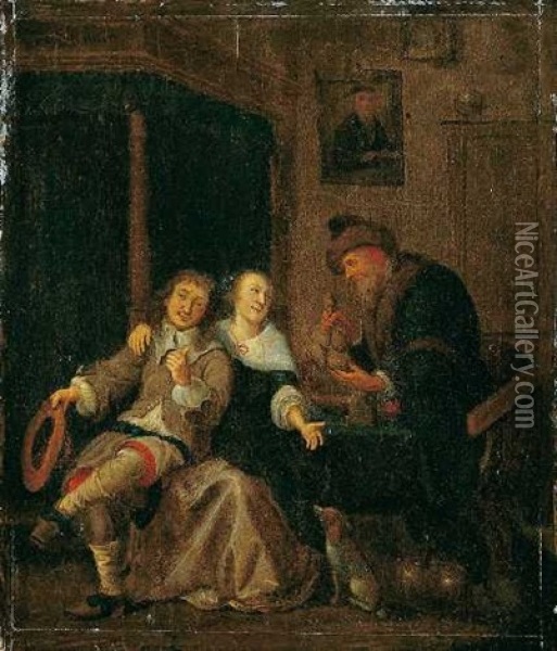 Interieurszene Mit Jungem Paar Und Altem Mann Oil Painting - Jan Miense Molenaer