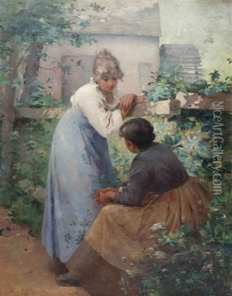 Two Women Chatting In A Garden With A Mill Oil Painting - Mary Fairchild MacMonnies Low