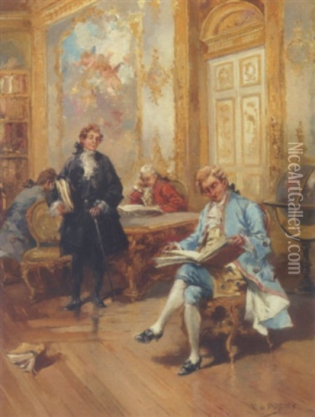 I Biblioteket. Laesende Herrer I En Rokokosalon Oil Painting - Vicente Garcia de Paredes