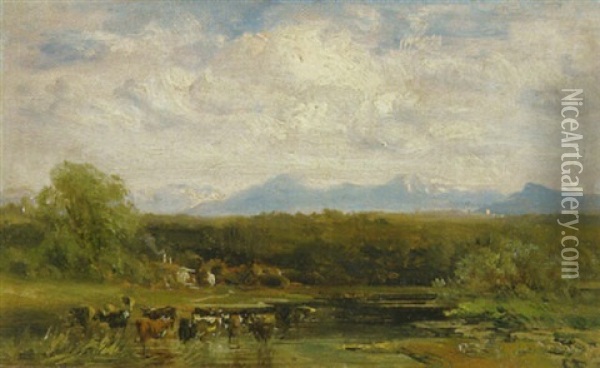 Kuhe An Der Tranke An Einem Teich In Voralpenlandschaft Oil Painting - Carl Ebert