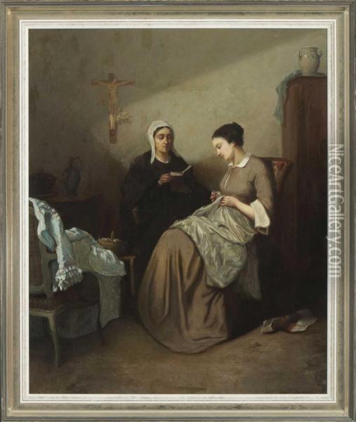 Bibelstunde. Oil Painting - Amedee Guerard