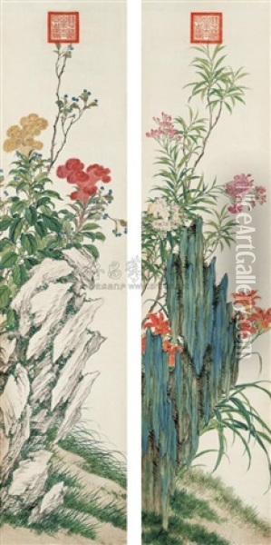 Flowers (2 Works) Oil Painting -  Empress Dowager Cixi