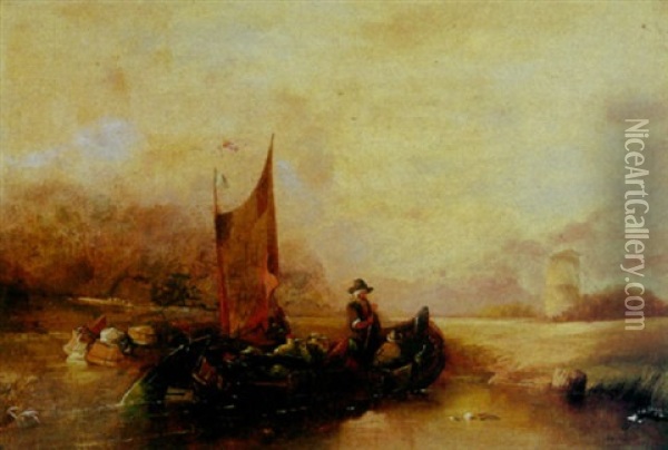 A River Landscape With Figures In A Boat In The Foreground Oil Painting - Alfred Montague