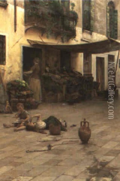 A Vegetable Market, Venice Oil Painting - Sylvius D. Paoletti