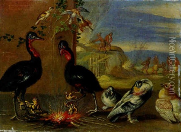 Ostrich Grilling Salamanders Above A Fire And Pigeons By A Stone Wall Oil Painting - Jan van Kessel the Younger