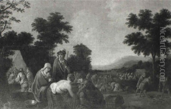 Encampment With Women In Foreground Washing And Conversing Oil Painting - Jacob Symonsz Pynas