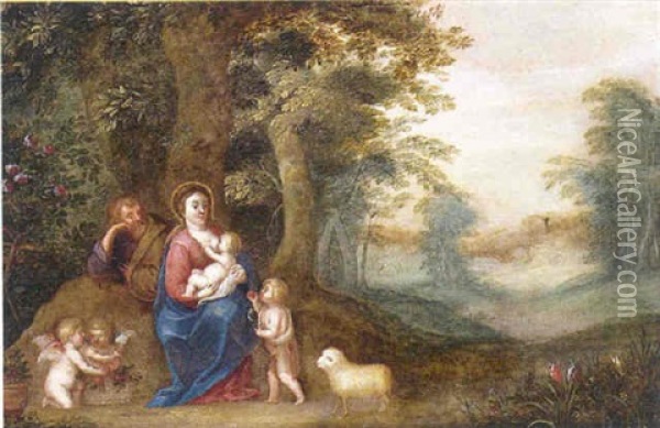 La Sainte Famille Et Le Jeune Saint-jean Dans Un Paysage Boise Et Fleuri Oil Painting - Peeter Van Avont
