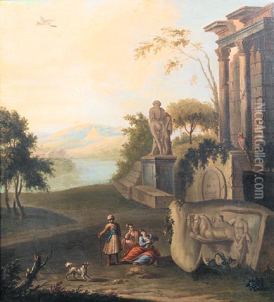 Figures Resting Before Classical Ruins, A Lakebeyond Oil Painting - Pieter Rysbrack