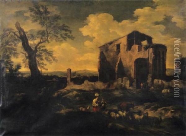 Paesaggio Con Ruderi Ed Astanti Oil Painting - Pieter Mulier the Younger