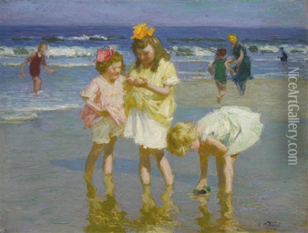 Three Girls By The Seashore Oil Painting - Edward Henry Potthast Jr.