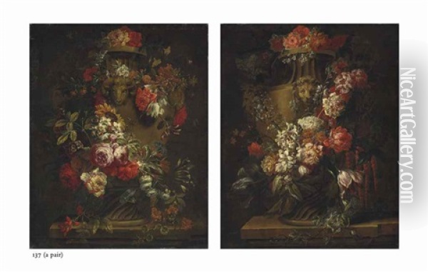 A Garland Of Roses, Peonies, Daffodils, Tulips, Morning Glories And Other Flowers And A Garland Of Peonies, Roses, Snowball, Tulips, Hyacinths (pair) Oil Painting - Jacobus Melchior van Herck