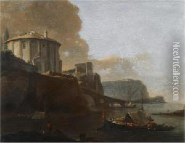 A Capriccio Of A Mediterranean Bay At Sunset, With The Temple Of Vesta In Rome Oil Painting - Thomas Wyck
