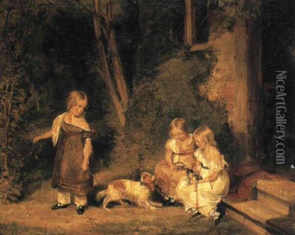 Three Children Of The Cust Family Outside Cottage Oil Painting - Robert Edmonstone