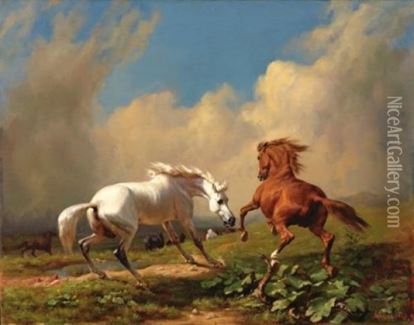 Scheuende Pferde Bei Aufziehendem Gewitter (horses Balking At Approaching Storm) Oil Painting - Johann Rudolf Koller