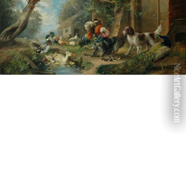 A Barnyard Cock Fight Watched By A Spaniel, A Peacock And Other Fowl Oil Painting - Julius Scheuerer