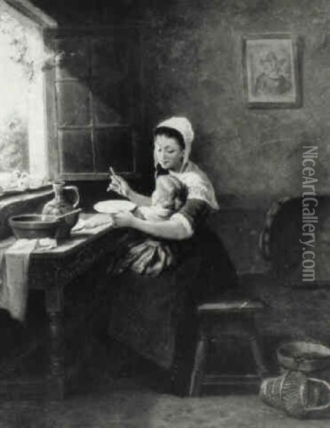 An Interior With A Mother Feeding Her Child Oil Painting - Frans De Beul