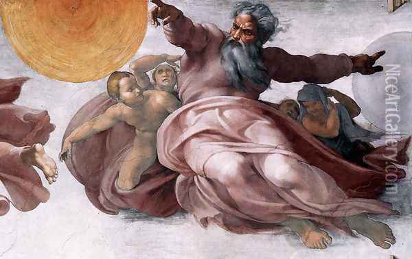 Creation of the Sun, Moon, and Plants (detail-1) 1511 Oil Painting - Michelangelo Buonarroti