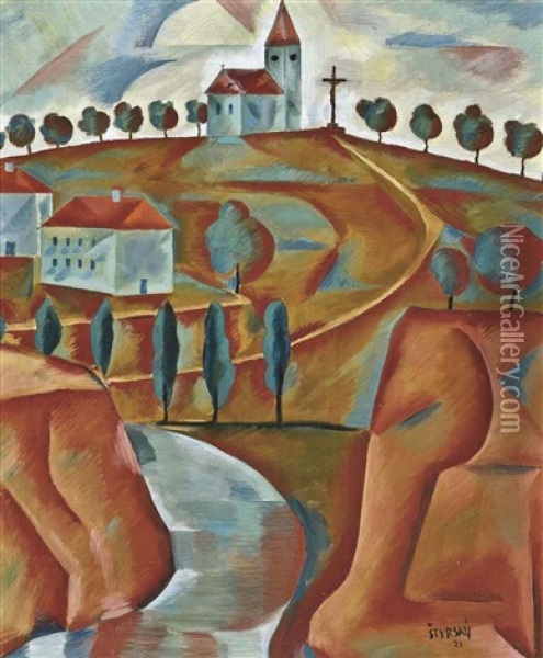 Church On A Hill (recto); Saint Sebastian (verso) Oil Painting - Jindrich Styrsky