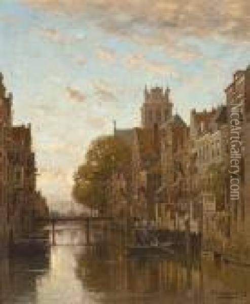 A Canal In Amsterdam Oil Painting - Johannes Christiaan Karel Klinkenberg