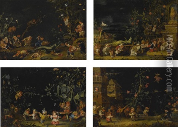 A Set Of Four Garden Scenes, The First Two Depicting The Capture And Death Of A Lizard Oil Painting - Faustino Bocchi