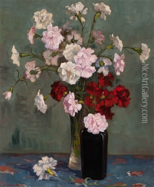 Still Life With Carnations In Glass Vases Oil Painting - Bernardus Antonie Van Beek