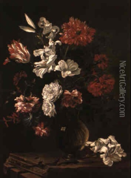 Flowers In Glass Vase On Stone Ledge Oil Painting - Juan De Arellano