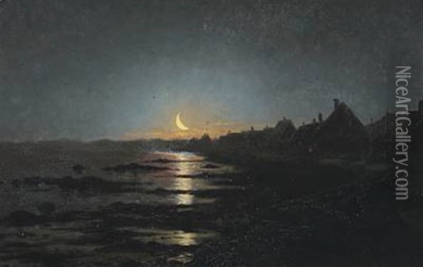 Moonlit Coastal Scene Oil Painting - Peter Eggers