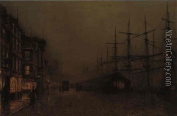 Shops And Ships, Clydeside, Glasgow Oil Painting - John Atkinson Grimshaw
