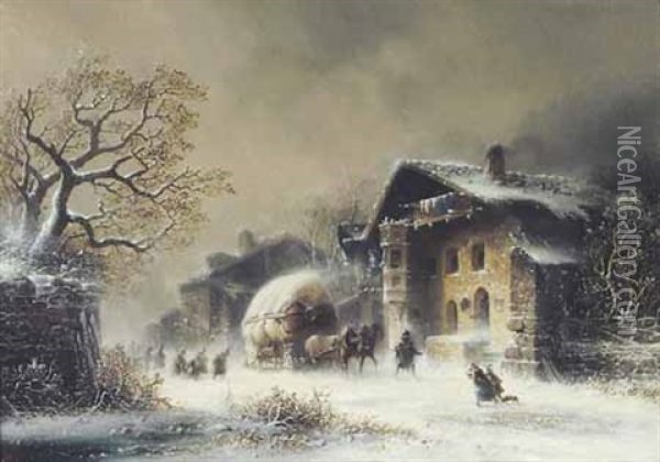 Winterliches Dorf Mit Zweispanner Oil Painting - Anton Doll