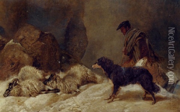 Lost: A Shepherd With A Dog And Sheep In A Snowy Landscape Oil Painting - Richard Ansdell