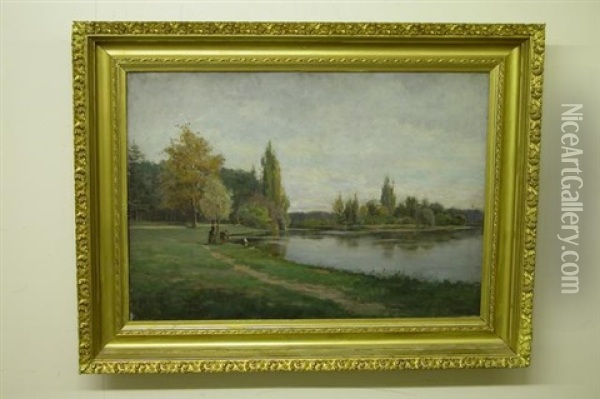 Landscape With Pond And Children Sailing Pond Boat Oil Painting - Peter Alfred Gross