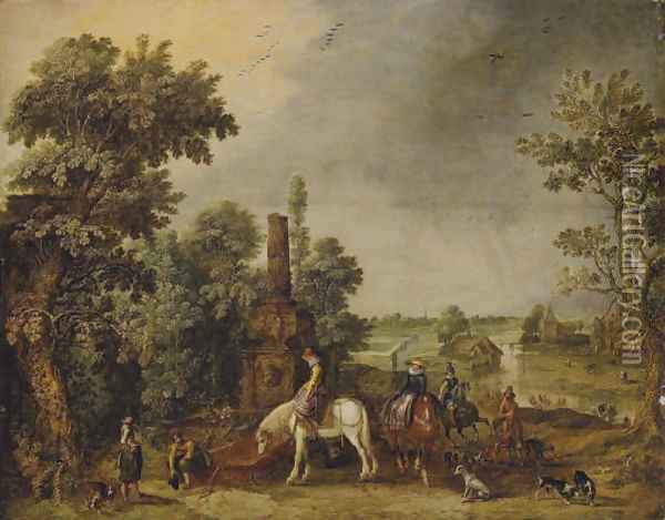 An extensive landscape with a hunting party halting by a classical fountain Oil Painting - Esaias Van De Velde