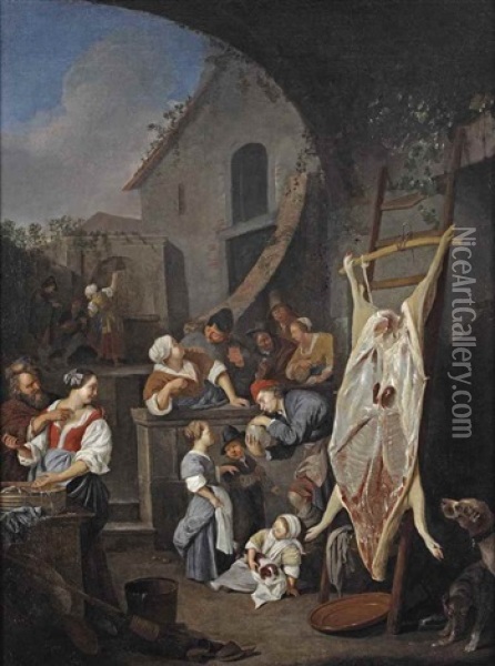 An Italianate Townscene With Figures Making Merry, A Slaughtered Pig To The Right Oil Painting - Jacob Van Toorenvliet