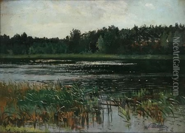 Untitled - Lake Scene Oil Painting - Walter Leistikow