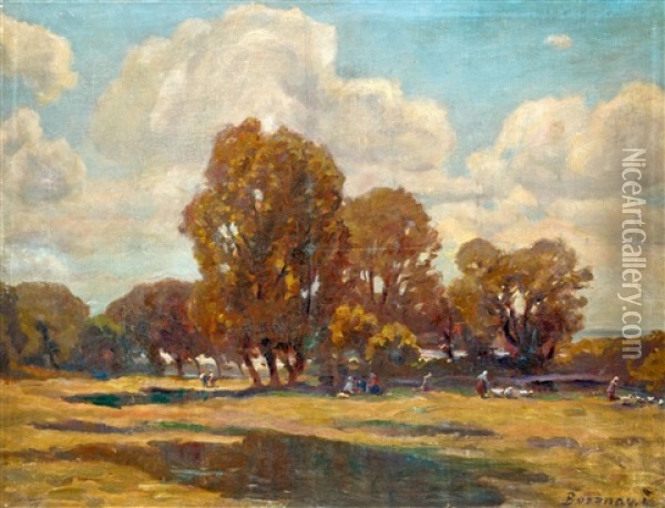 Autumn Landscape With Figures Oil Painting - Istvan Bosznay