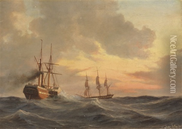 Dampfsegler Und Dreimaster Auf Bewegter See Oil Painting - Daniel Hermann Anton Melbye