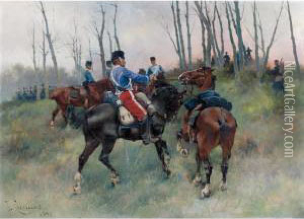 Soldados A Caballo (soldiers On Horseback) Oil Painting - Josep I Cusachscusachs