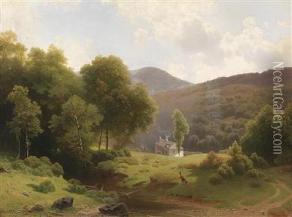 Landscape In Summer With Fleeing Fox Oil Painting - Joseph Holzer