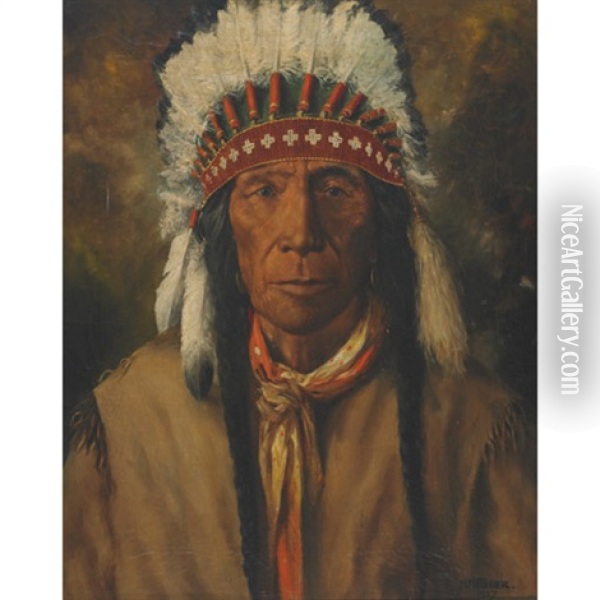 Portrait Of An Indian Chief Oil Painting - Henry Metzger