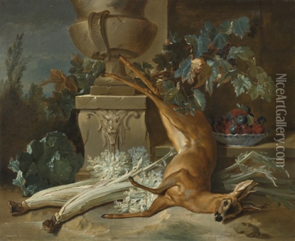 Still Life With A Dead Roe And Cardoons (collab. W/studio) Oil Painting - Jean-Baptiste Oudry