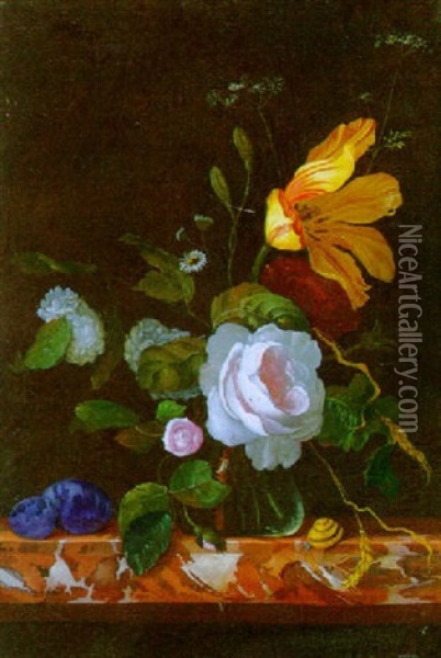 Blumenstilleben In Einer Glasvase Mit Pflaume Und Schnecke Auf Einem Marmortisch Oil Painting - Cornelis Kick