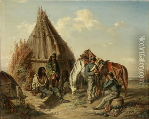 Rastende Soldaten Und Zigeuner In Pusztalandschaft Oil Painting - Adolph van der Venne
